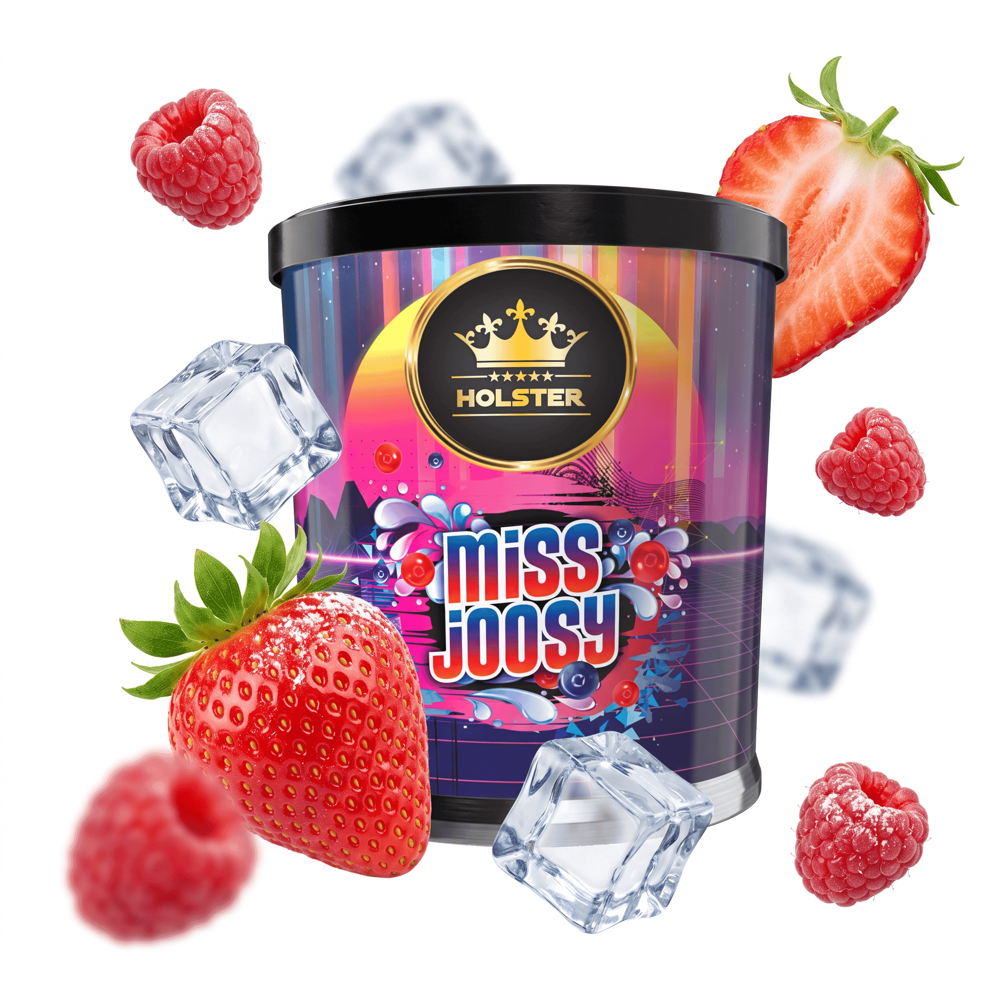 Fruchtige Shisha-Tabakdose mit Beeren und Eiswürfeln, bunte Verpackung, für aromatisches Raucherlebn.