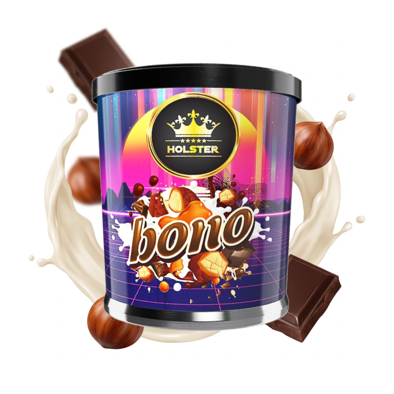 Holster Bono 200g Shisha Tabak – Schokolade, Nuss & Milch: Dose mit schwebenden Schokoladenstücken und Haselnüssen