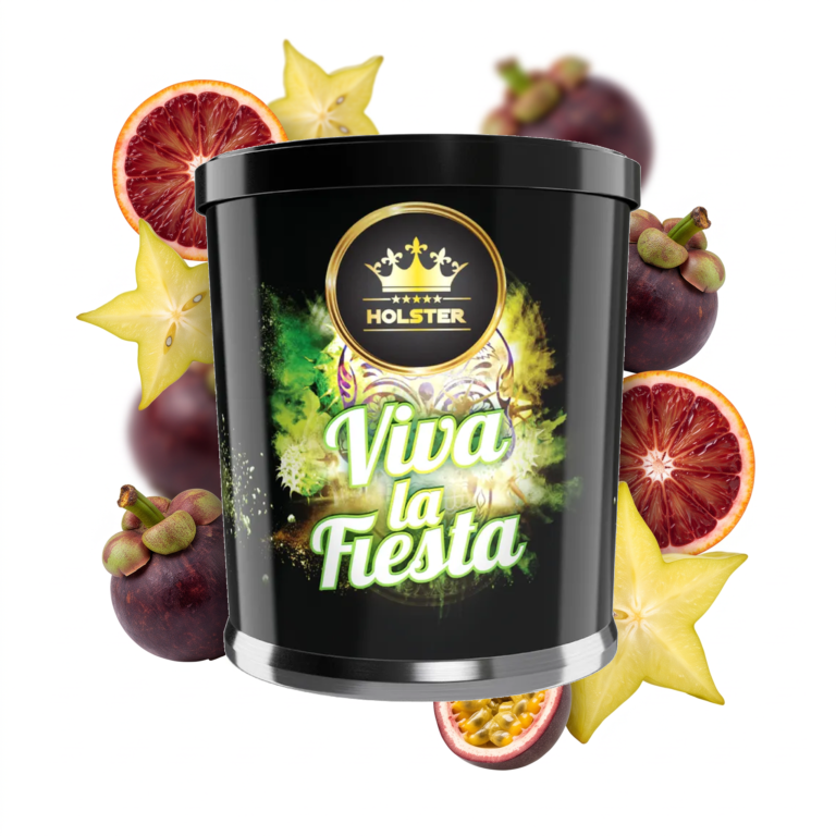 Holster Viva La Fiesta 200g Shisha Tabak – Blutorange, Passionsfrucht & Sternfrucht: Dose mit schwebenden Blutorangenscheiben, Sternfruchtscheiben und Mangostanfrüchten