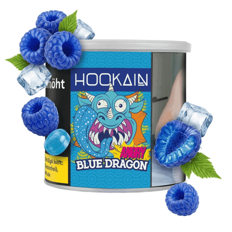 Hookain Angry Blue Dragon 200g shisha tobacco with blue raspberries and ice candy - tin with blue raspberries and ice cubes