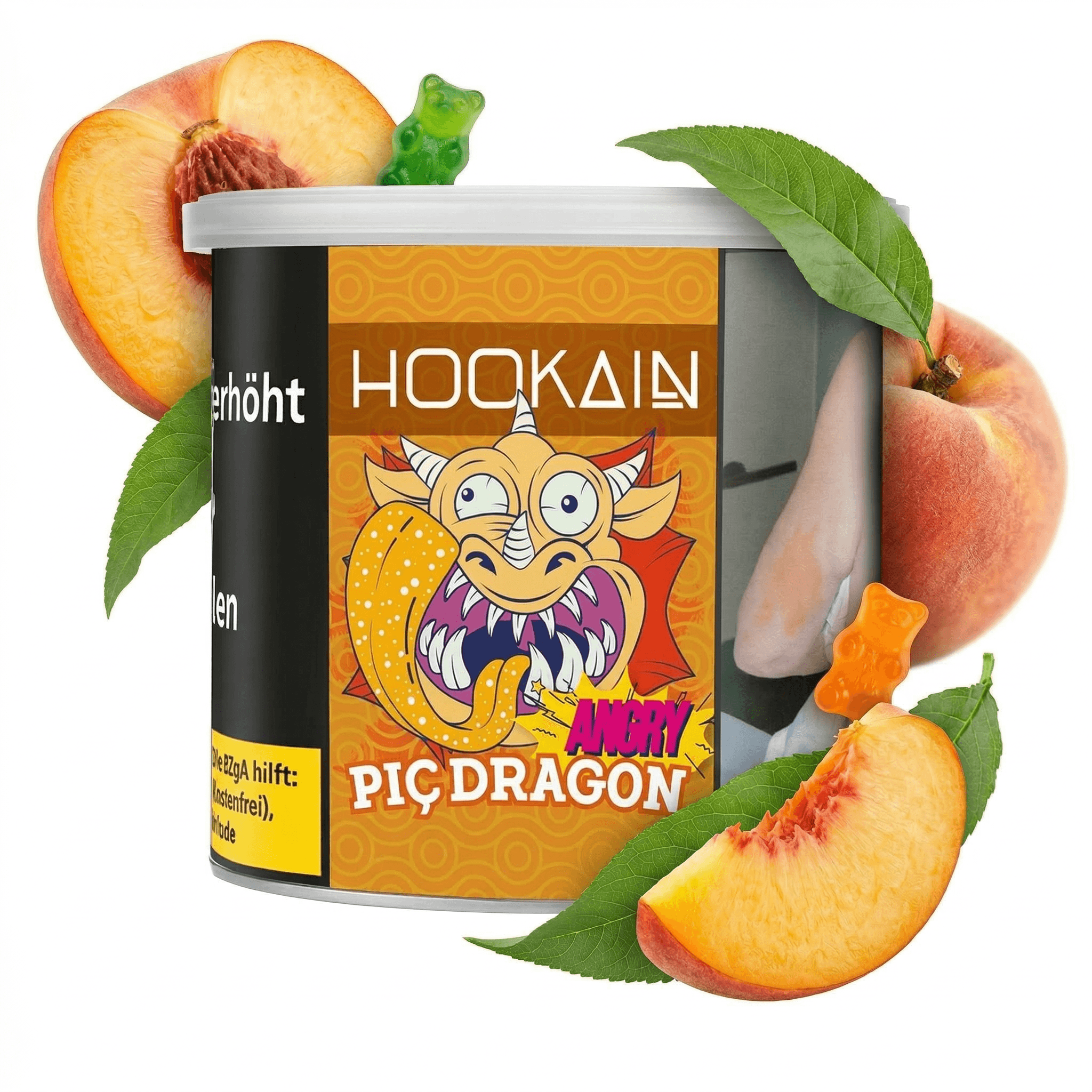 Hookain Angry Pic Dragon 200g Shisha Tabak mit Pfirsich und Süßigkeiten – Dose mit frischen Pfirsichen und bunten Gummibärchen