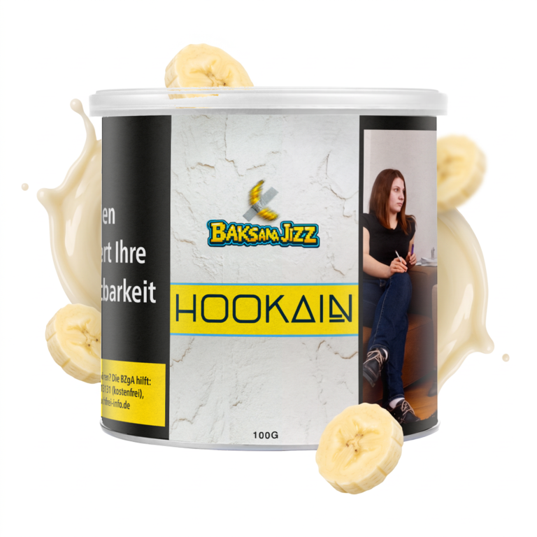 Hookain Baksana Jizz 100g Shisha Tabak – Banane und Kondensmilch: Dose mit schwebenden Bananenscheiben und Kondensmilch-Splash