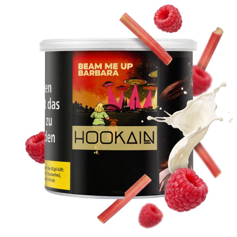 Hookain Beam me Up 100g Shisha Tabak – Himbeere und Rhabarber: Dose mit schwebenden Himbeeren, Rhabarberstangen und Mascarpone-Splash