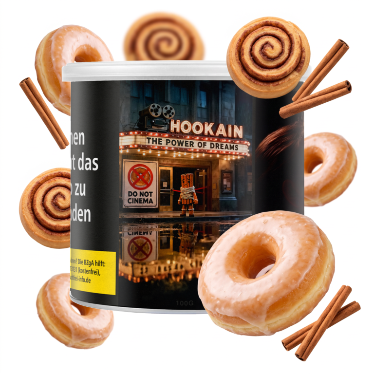 Hookain Do not Cinema 100g Shisha Tabak – Donut und Zimtschnecke: Dose mit schwebenden Donuts, Zimtschnecken und Zimtstangen