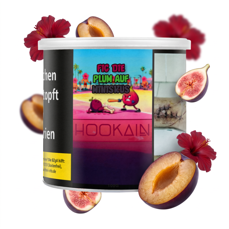 Hookain Fig die Plum 100g Shisha Tabak – Pflaume und Feige: Dose mit schwebenden Pflaumen- und Feigenhälften sowie Hibiskusblüten