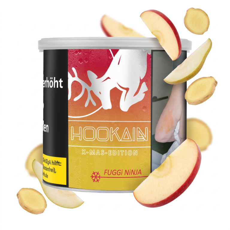 Hookain Fuggi Ninja 200g Shisha Tabak – Fuji-Apfel und Ingwer: Dose mit schwebenden Apfel-, Birnen- und Ingwerscheiben