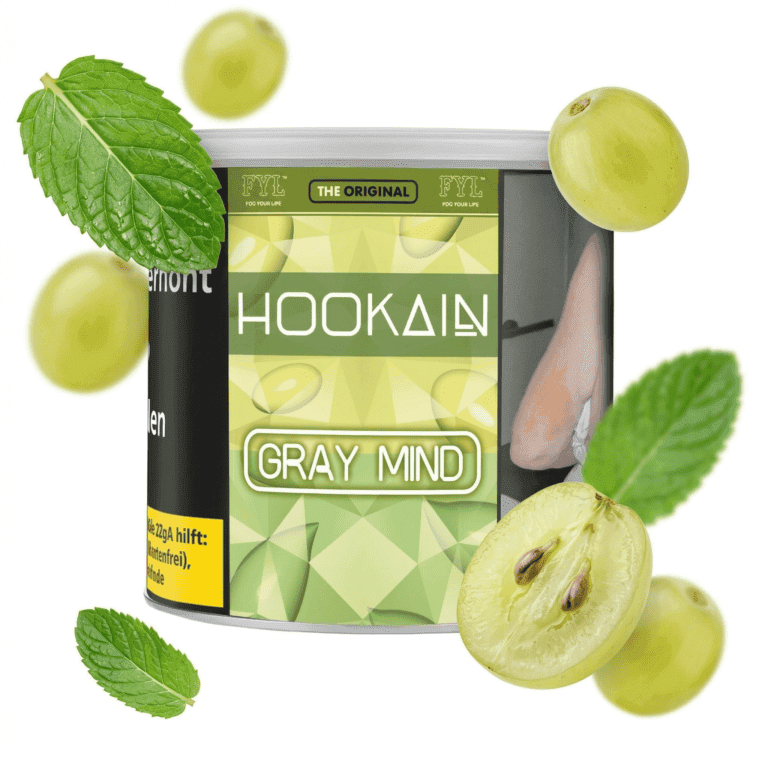 Hookain Gray Mind Shisha tobacco with green grapes and mint leaves.