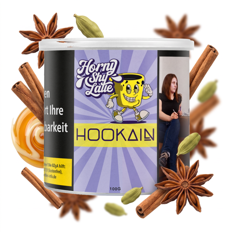 Hookain Horny Shy Latte 100g Shisha Tabak – Chai und Honig: Dose mit schwebenden Sternanis, Zimtstangen, Kardamom und Honig-Milch-Splash