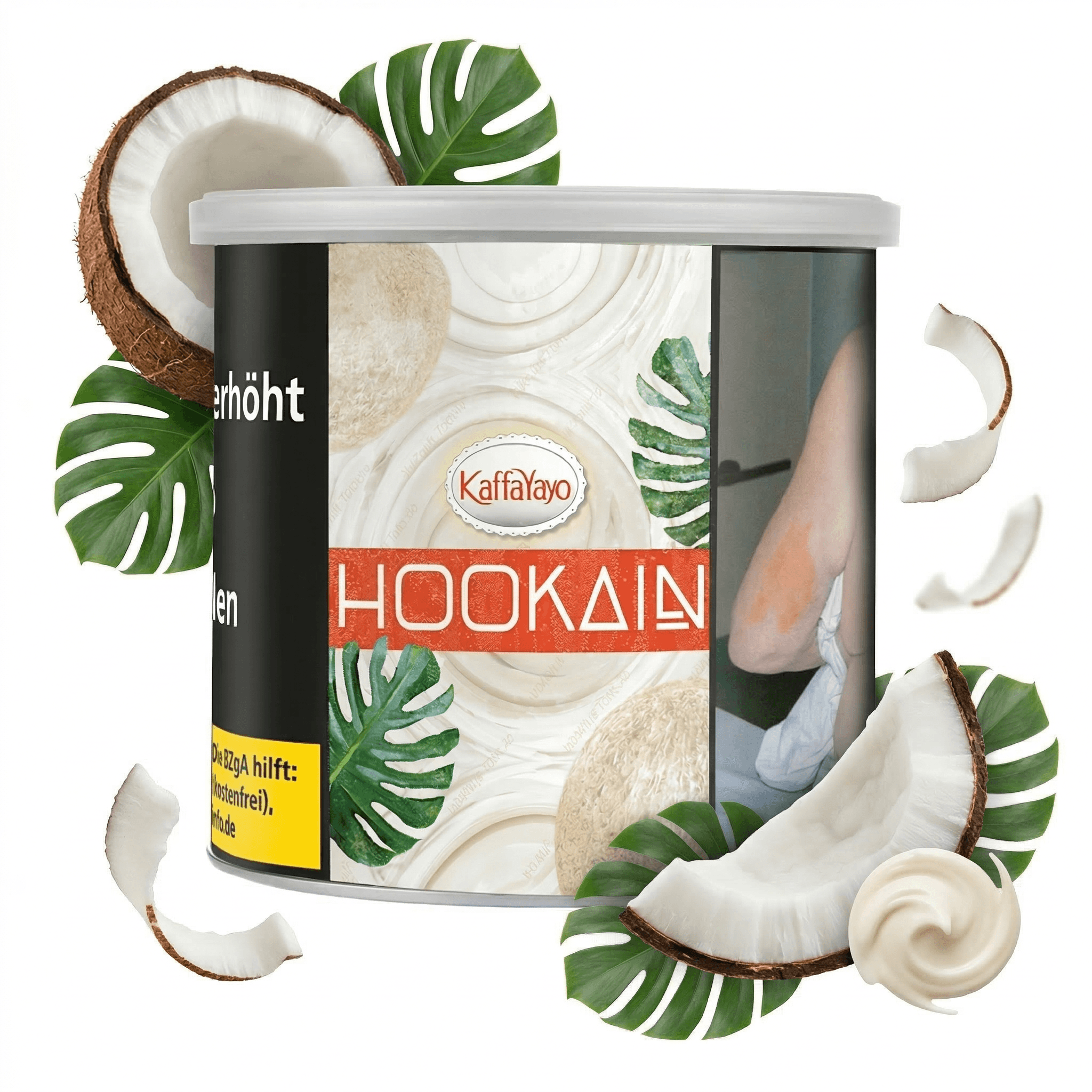 Hookain Kaffa Yayo 200g Shisha Tabak mit Kokosnuss und cremiger Milch – Dose mit Kokosnusshälften, Kokosstücken und Monstera-Blättern