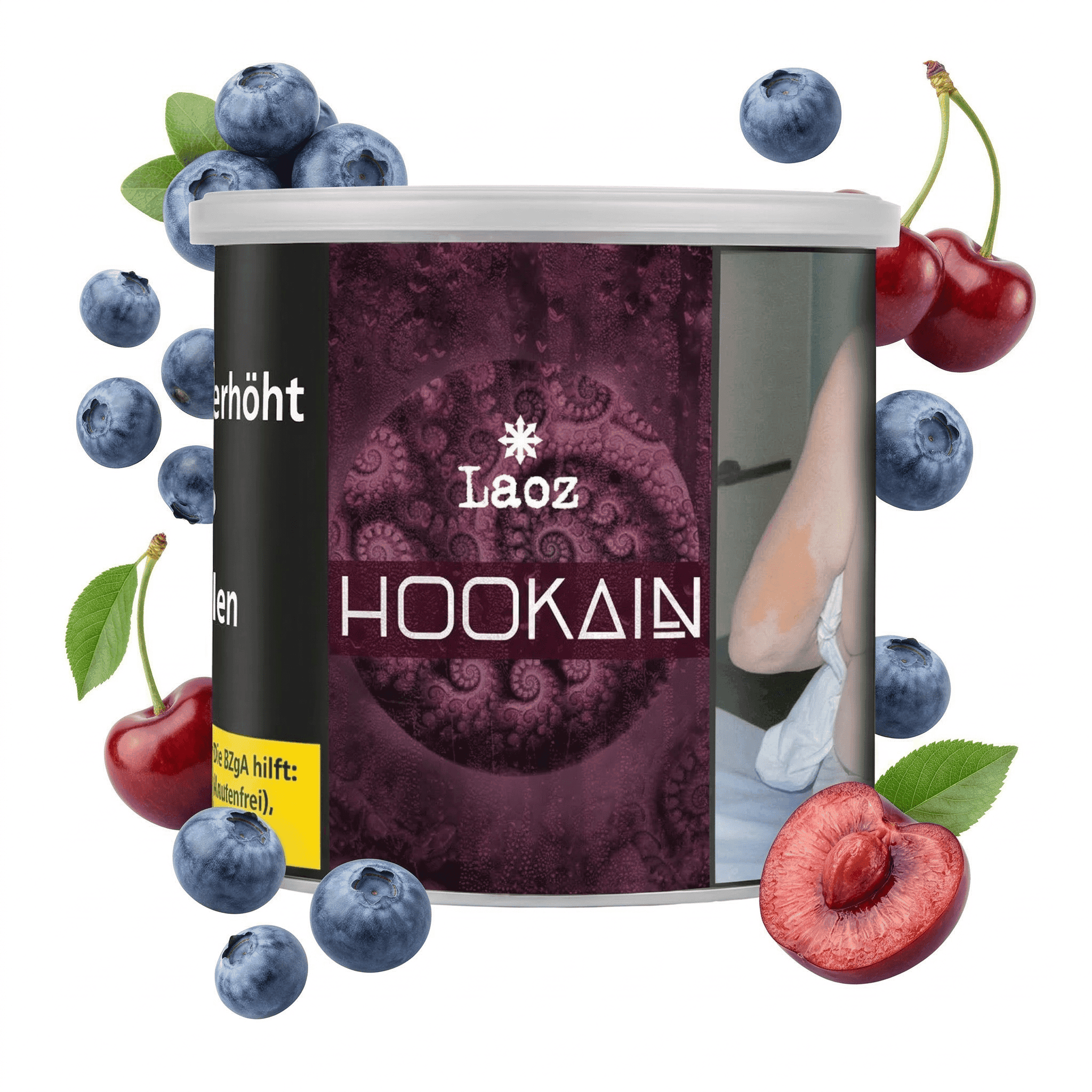Hookain Laoz 200g Shisha Tabak mit Blaubeer- und Kirschgeschmack – Dose mit frischen Blaubeeren und Kirschen