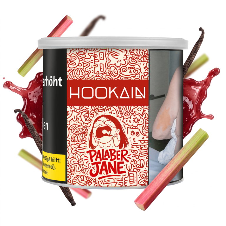 Hookain Palaber Jane 200g Shisha Tabak – Rhabarber und Vanille: Dose mit schwebenden Rhabarberstangen, Vanilleschoten und Marmeladen-Splash