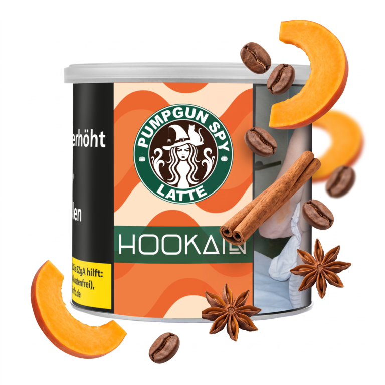 Hookain Pumpgun Spy Latte 200g Shisha Tabak – Kaffee und Kürbis: Dose mit schwebenden Kürbisscheiben, Kaffeebohnen, Zimtstangen und Latte-Splash
