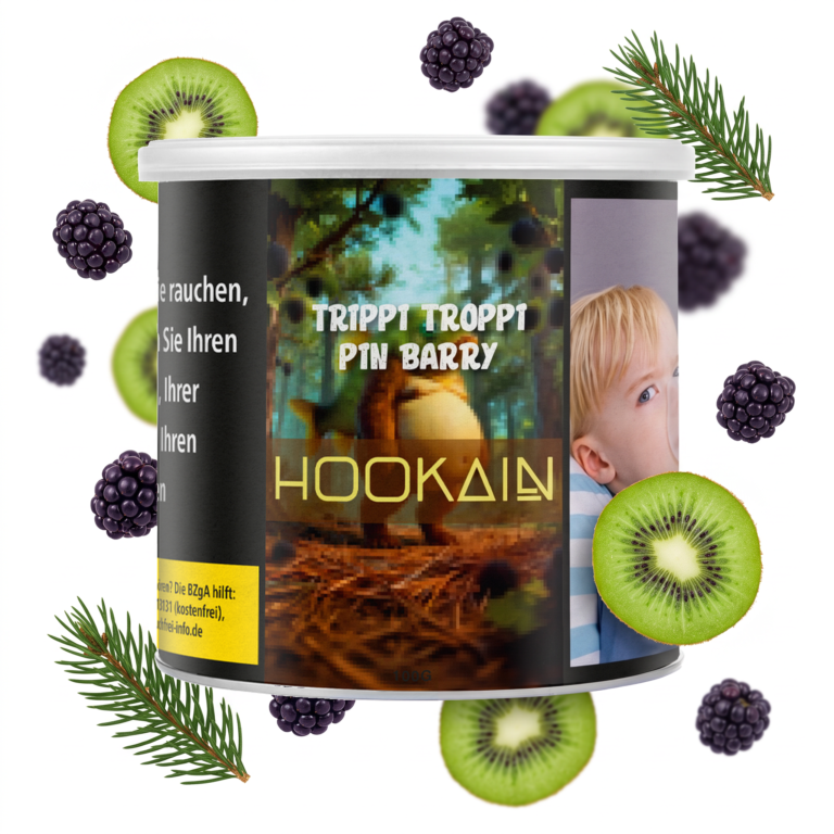 Hookain Trippi Troppi 100g Shisha Tabak – Brombeere und Kiwi: Dose mit schwebenden Brombeeren, Kiwischeiben und Piniennadeln
