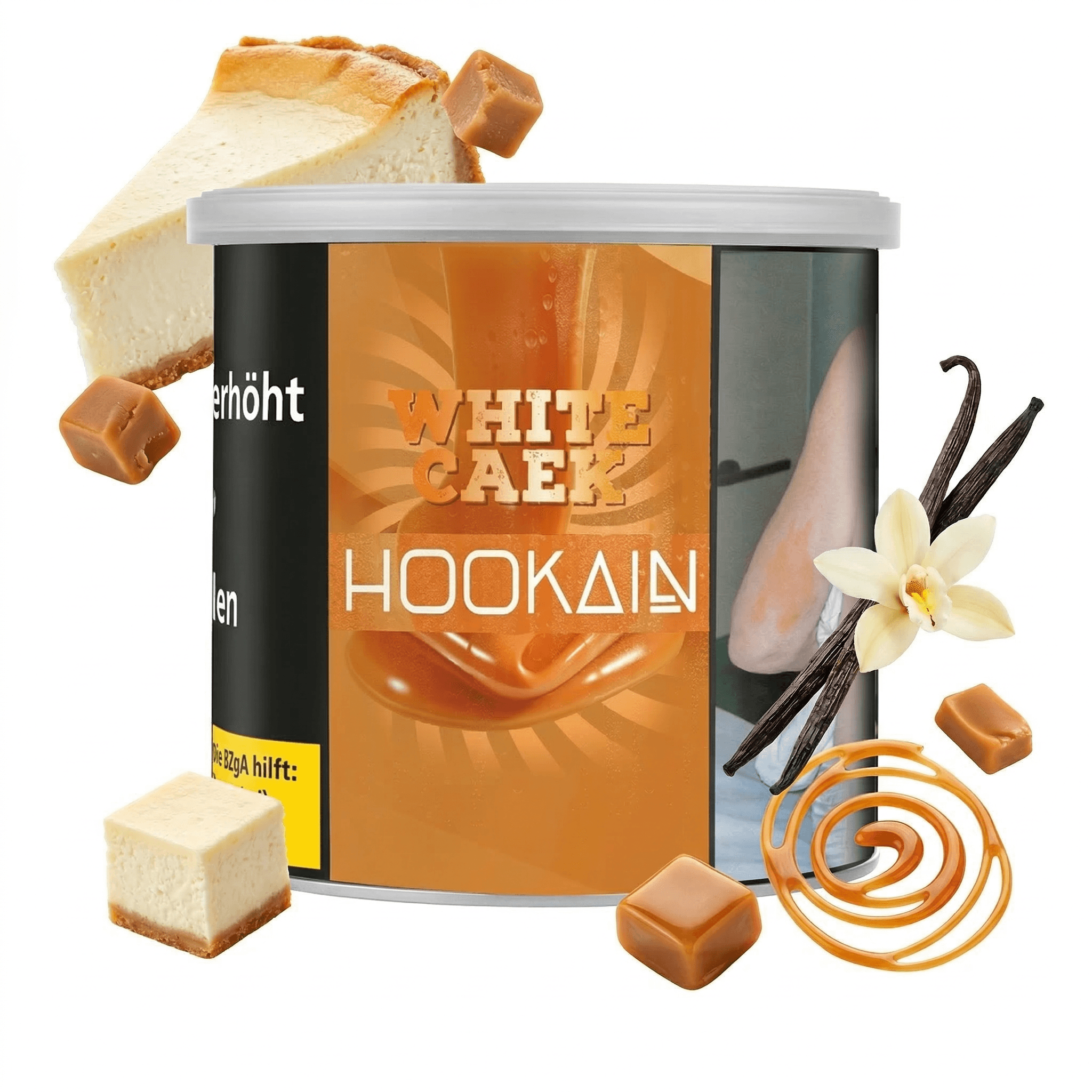 Hookain White Caek 200g Shisha Tabak mit Cheesecake, Vanille und Karamell – Dose mit Käsekuchenstück, Vanilleschote und Karamellstücken
