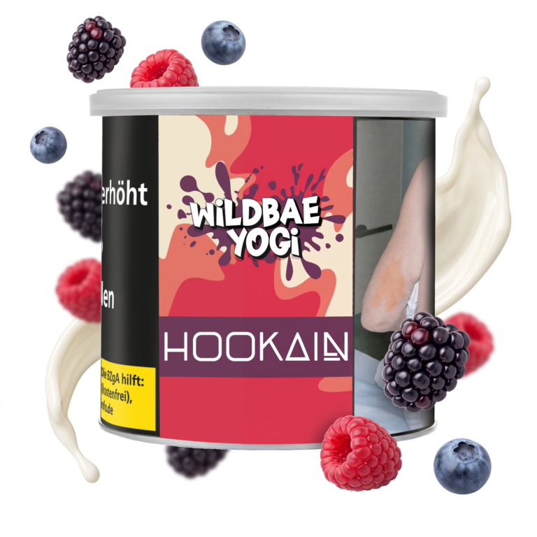 Hookain Wildbae Yogi 200g Shisha Tabak – Beeren Mix und Joghurt: Dose mit schwebenden Brombeeren, Himbeeren, Heidelbeeren und Joghurt-Splash