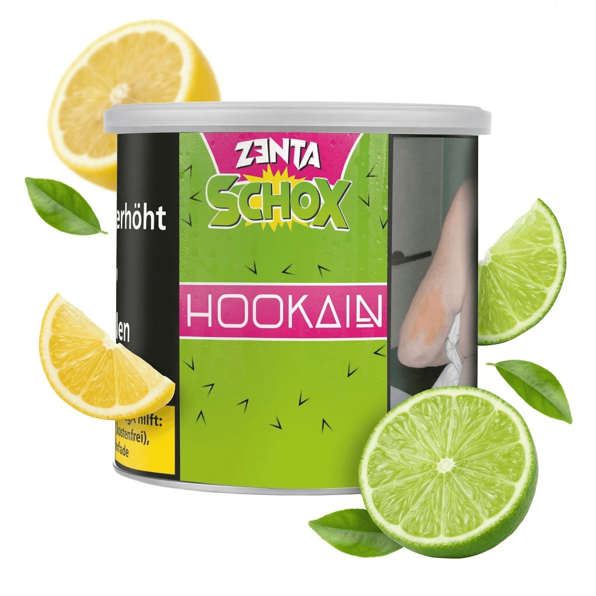 Hookain Zenta Schox 200g Shisha Tabak mit Zitronen- und Limettengeschmack – Dose mit frischen Zitronen und Limetten