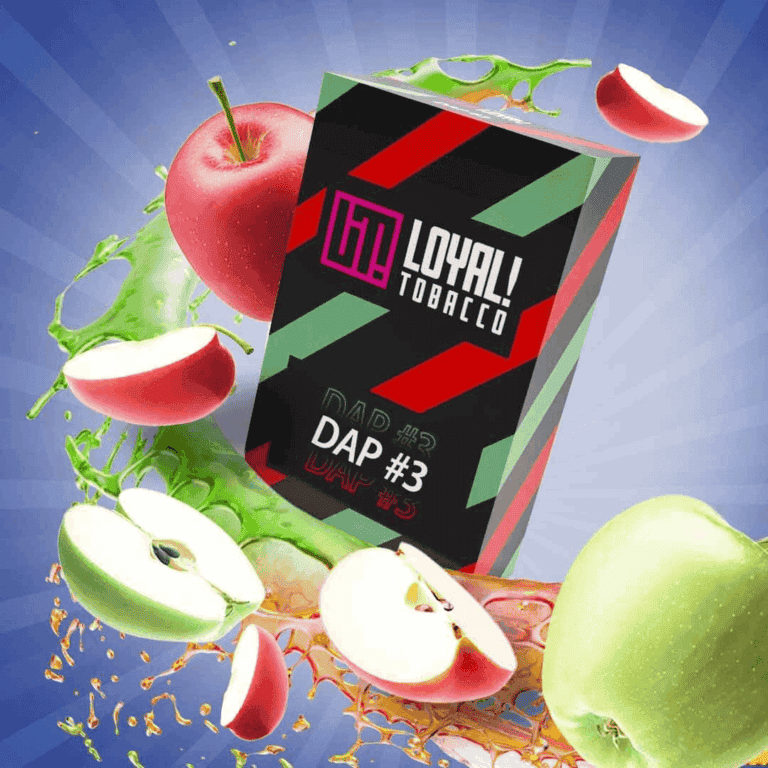 Fruchtiger Loyal Tobacco DAP #3 Shisha-Tabak in attraktiver Verpackung, umgeben von Äpfeln und Früch.