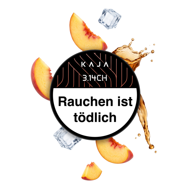 KAJA 3.14CH 200g Shisha Tabak – Pfirsich und Eistee: Dose von oben mit Pfirsichspalten, Eistee und Eiswürfeln