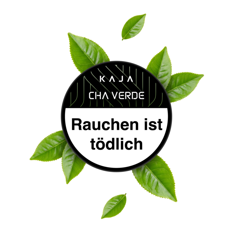 KAJA Cha Verde 200g Shisha Tabak – Grüner Tee: Dose von oben mit frischen Grüntee-Blättern