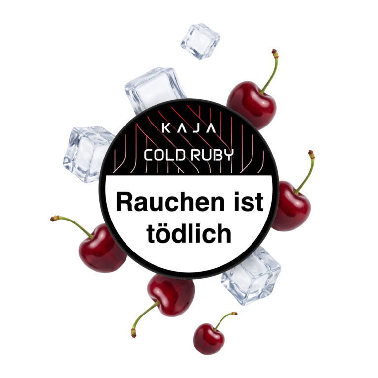 KAJA Cold Ruby 200g Shisha Tabak – Kirsche und Ice: Dose von oben mit Kirschen und Eiswürfeln