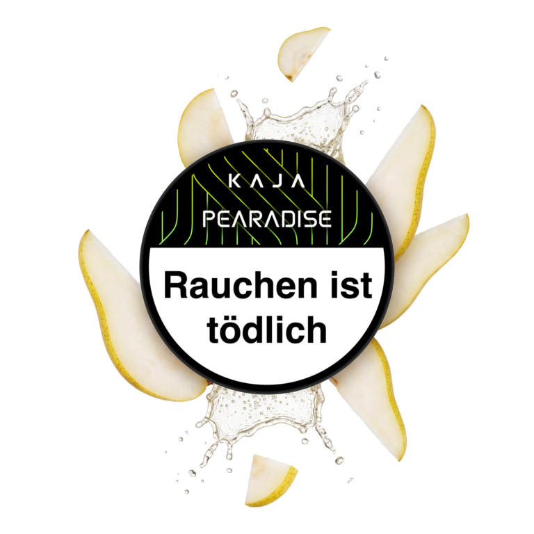 KAJA Pearadise 200g Shisha Tabak – Birne und Ice: Dose von oben mit Birnenspalten und Sprudel
