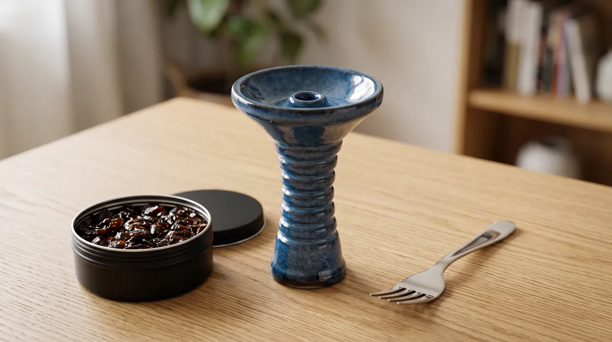 Bol à chicha, tabac et accessoires sur plateau en bois.