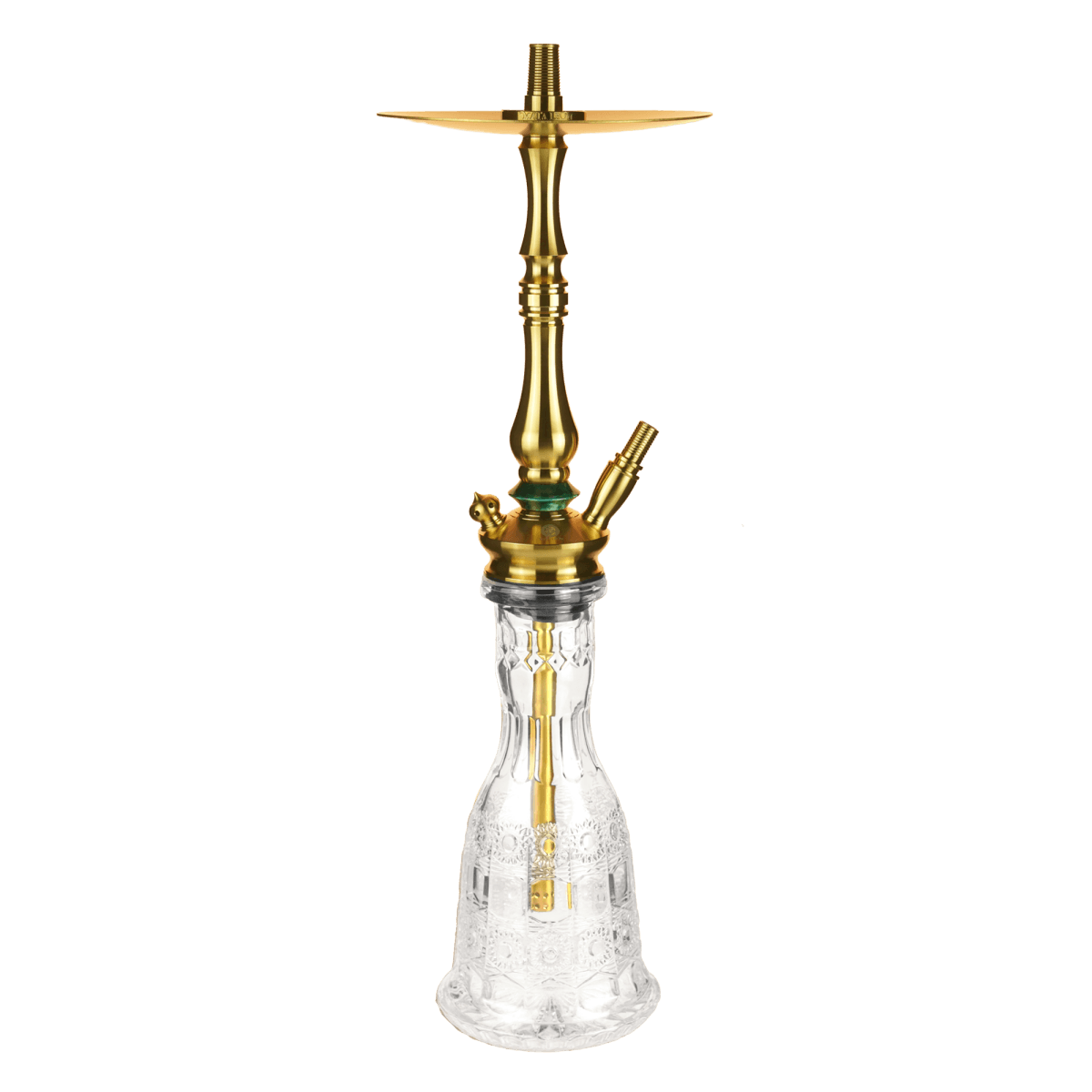 Elegante goldene Shisha mit Glasbasis, hochwertiges Design für Shisha-Liebhaber.