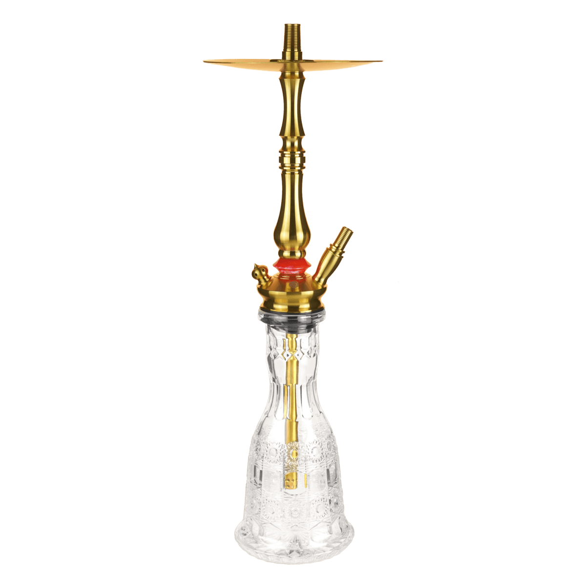 Elegante Shisha mit goldener Kopfplatte und Glasbase für stilvolles Rauchen.