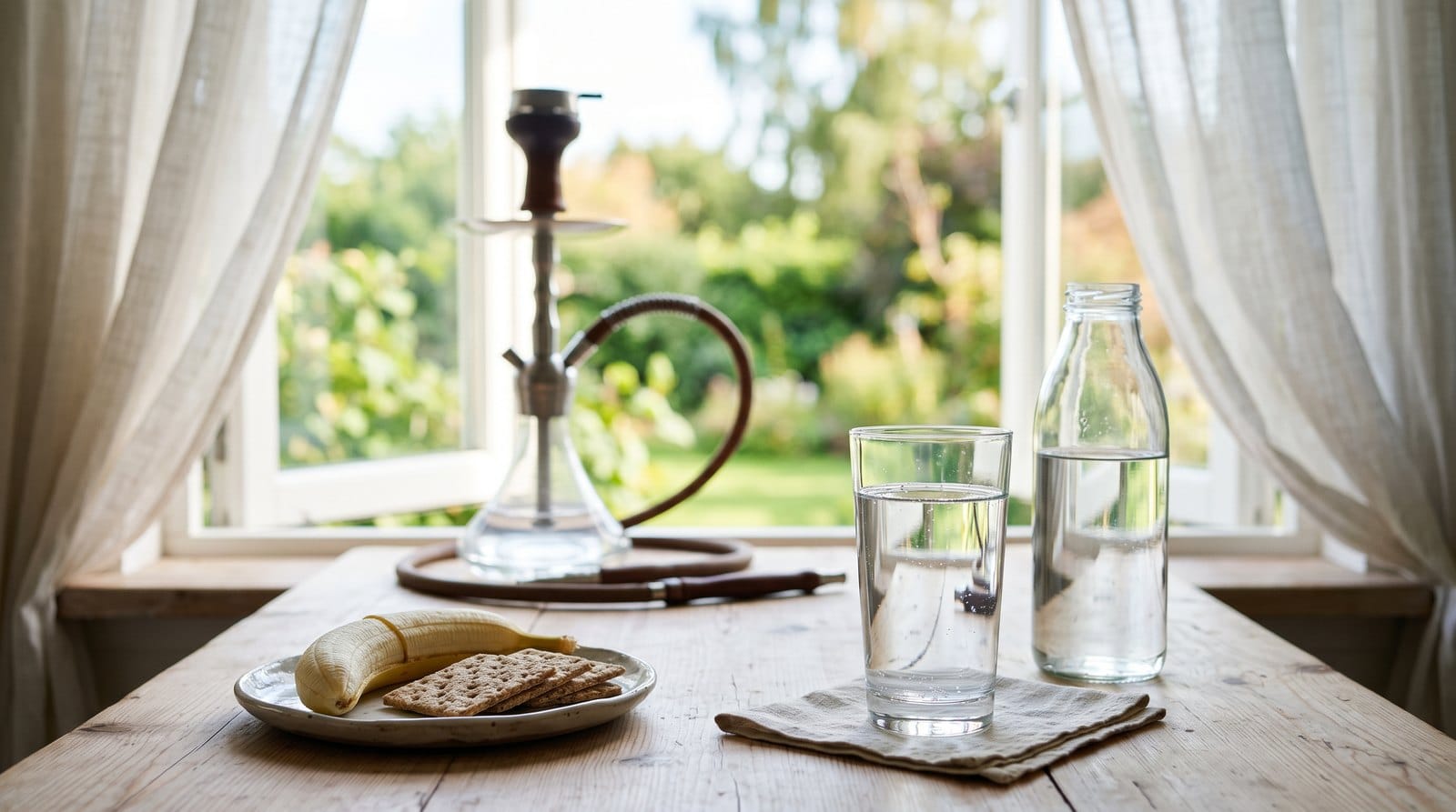 Choque de nicotina y destello de nicotina con shisha: síntomas y qué hacer 2 Primeros auxilios para el flash de nicotina: un vaso de agua, una botella de agua y un plato con plátano y pan crujiente sobre una mesa de madera junto a la ventana abierta con aire fresco, una shisha al fondo