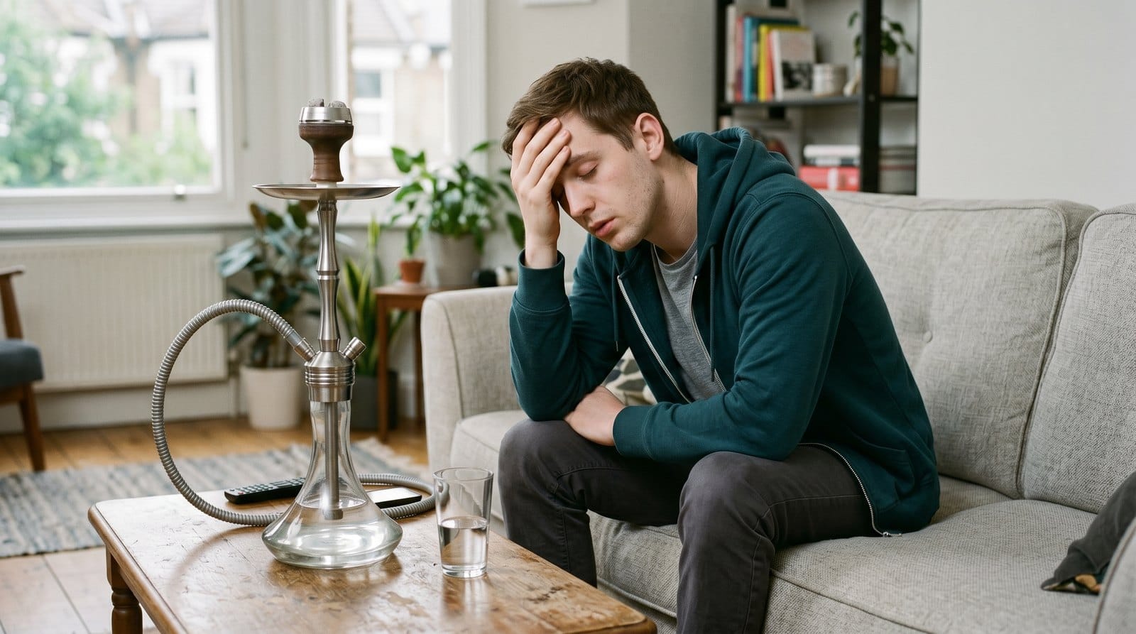 Jeune homme assis sur la table avec une chicha, l'air stressé et fatigué.