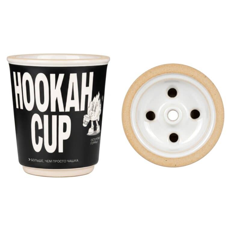Oblako Hookah Cup Mehrlochkopf Schwarz – Frontansicht mit HOOKAH CUP Aufdruck und Draufsicht auf das 5-Loch-Depot