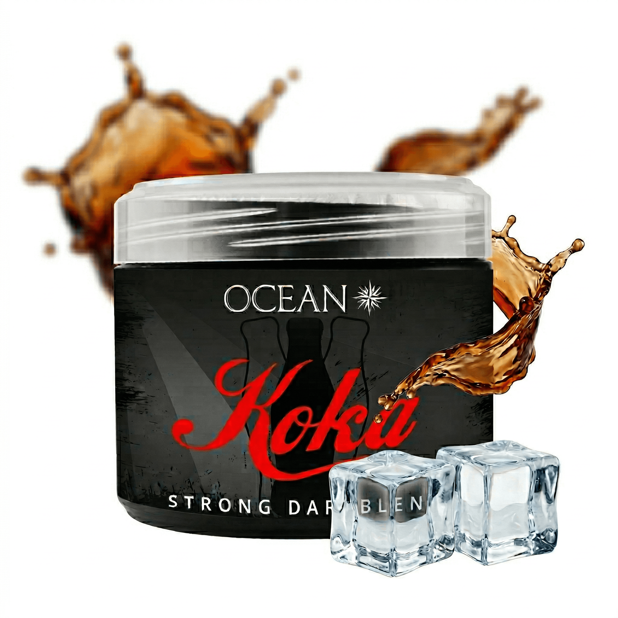 Koka Shisha Tabak in schwarzer Dose mit Eiswürfeln, dunkler Geschmack.