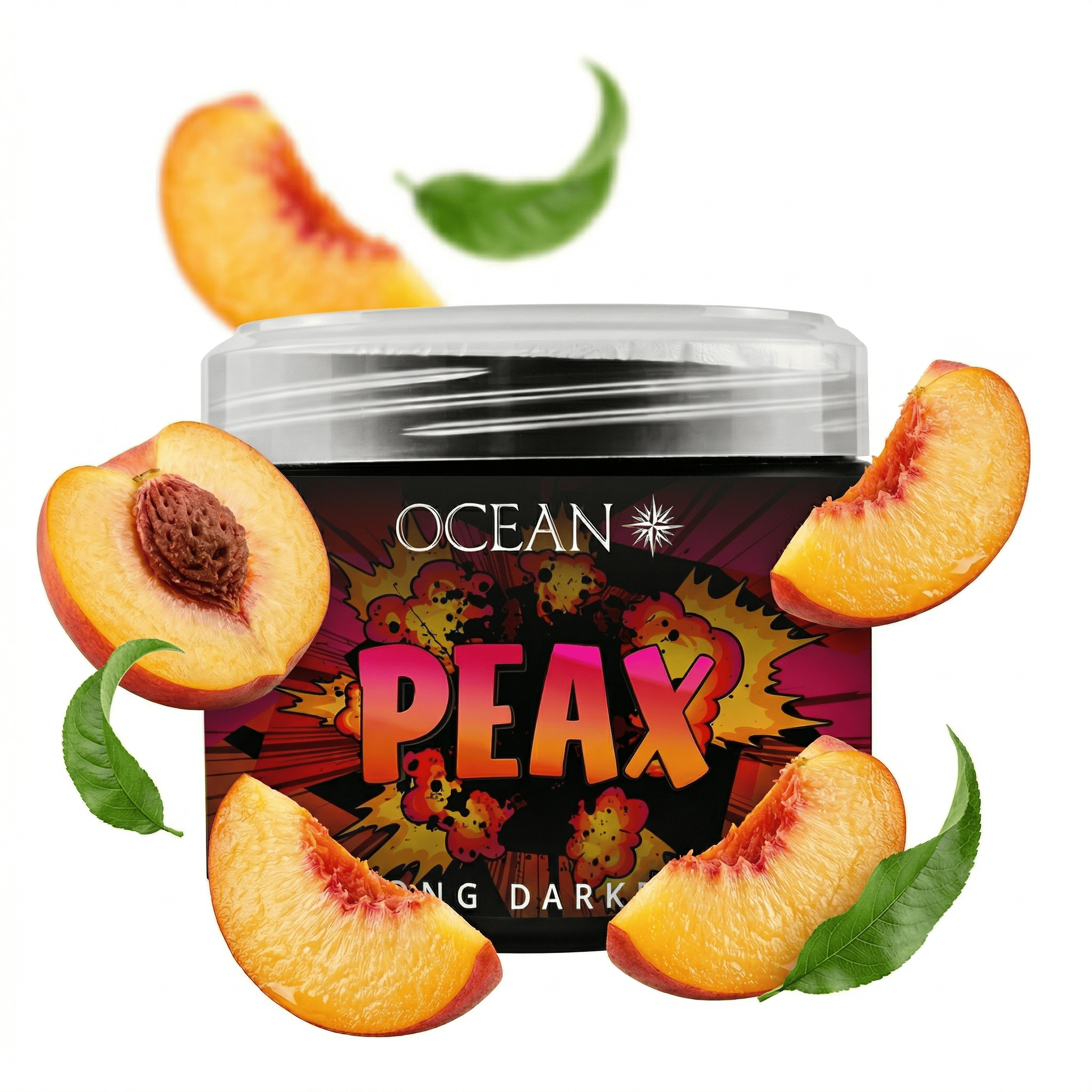 Pfirsich-Shisha Tabak in Dose mit Fruchtstücken und Blättern.