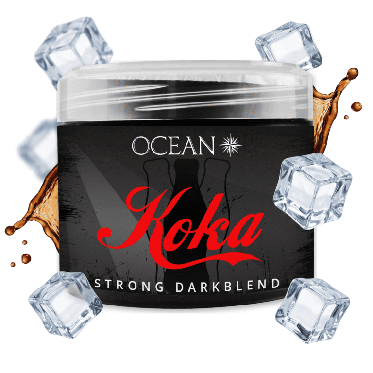 OCEAN Strong Koka 200g Shisha Tabak mit Cola-Geschmack – Dose mit schwebenden Eiswürfeln und Cola-Splash