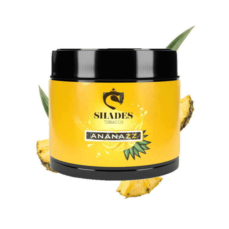 Shades Tobacco Ananazz 200g Shisha Tabak – Ananas Tabak: schwarze Dose mit gelbem Label, davor fallende Ananasstücke und Ananasblätter
