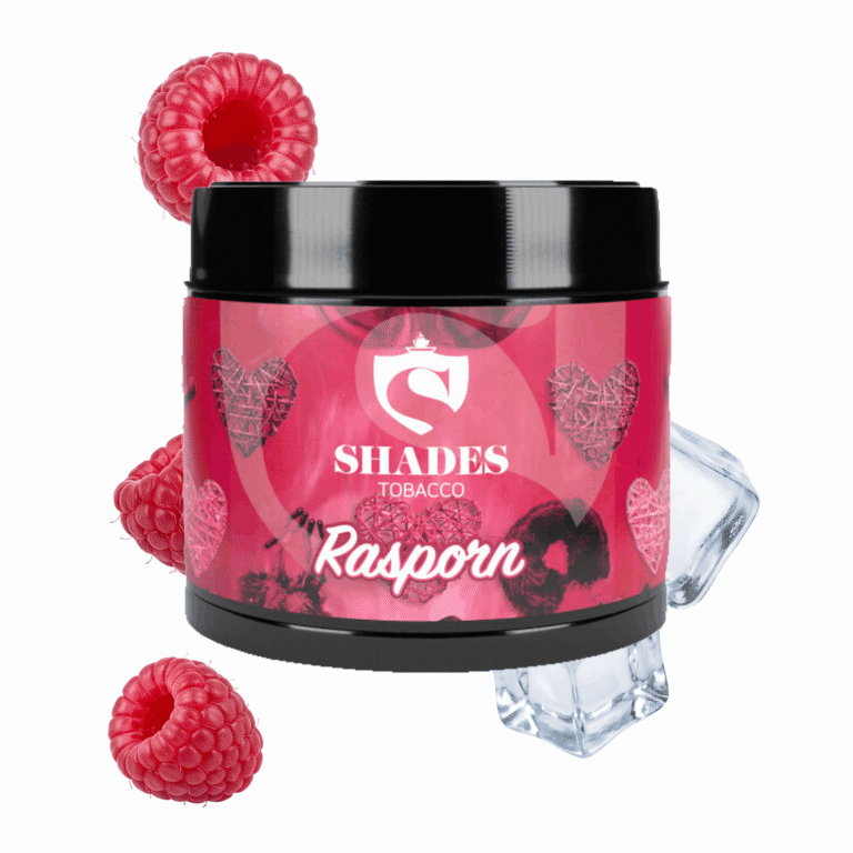 Shades Tobacco Rasporn 200g Shisha Tabak – Himbeere & Ice: schwarze Dose mit rotem Label, davor fallende Himbeeren und Eiswürfel