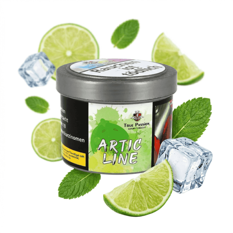 Artic Line Zitronen-Minz Shisha-Tabak mit Eiswürfeln und Limetten, erfrischender Geschmack.