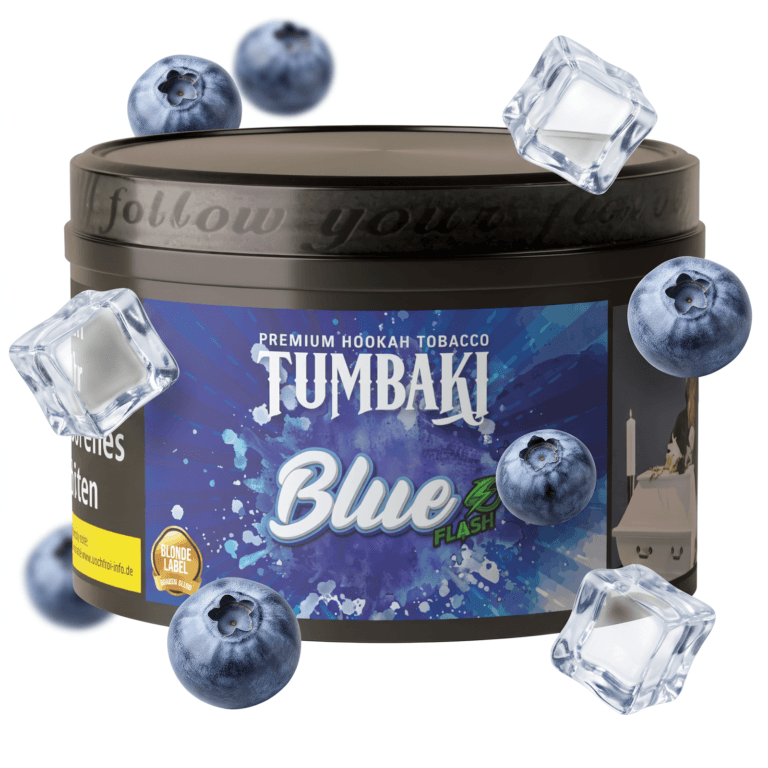 Tumbaki Blue Flash Shisha tobacco with blueberries and ice cubes.