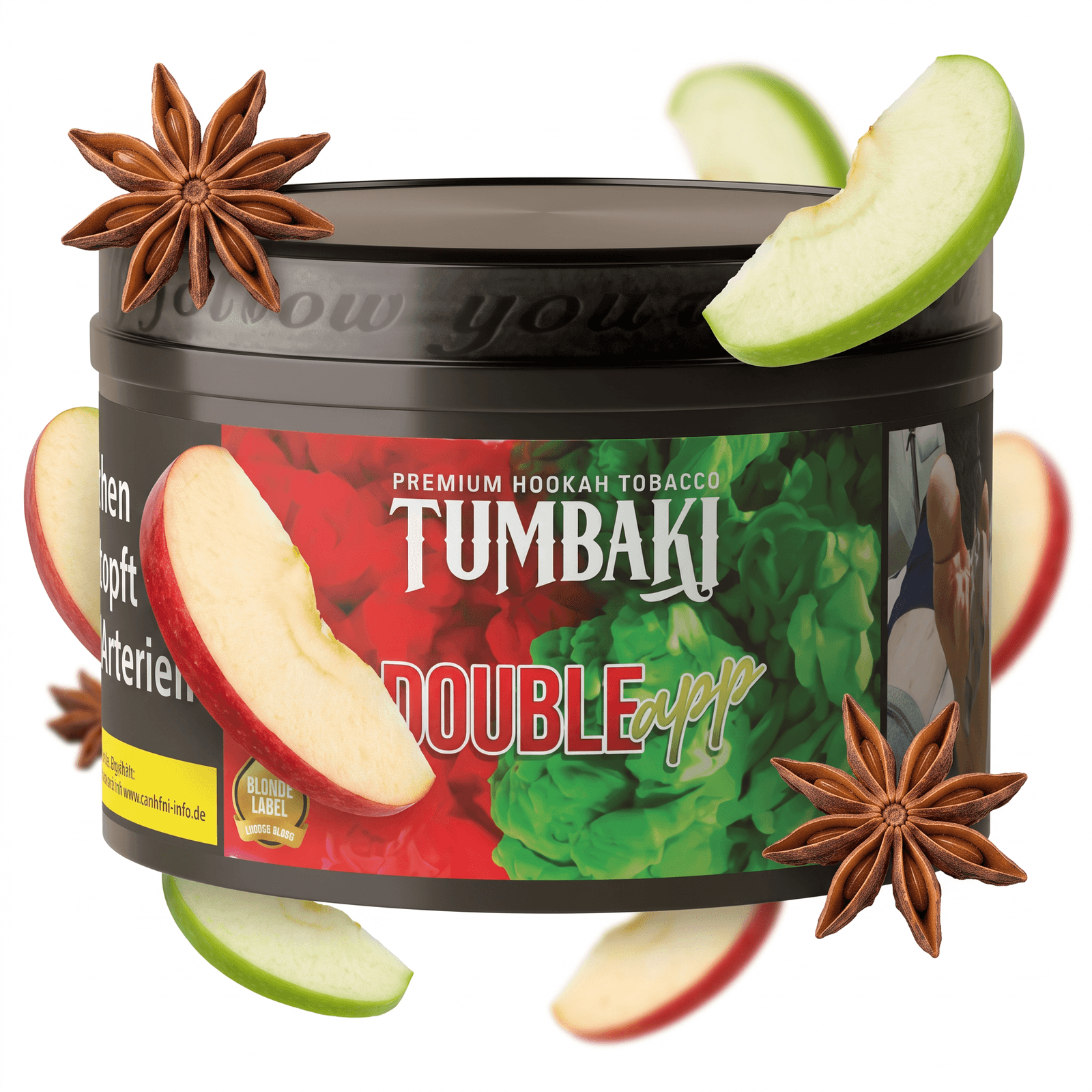 Tabac à chicha Tumbaki Double App avec décorations pomme et cannelle.