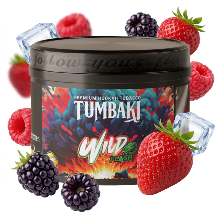 Tumbaki Wild Flash Shisha tobacco with berries and ice cubes.