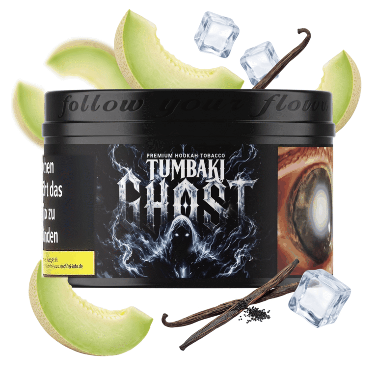 Tumbaki Ghost 200g Shisha Tabak mit Honigmelonen-Vanille-Geschmack – Dose mit schwebenden Honigmelonenscheiben, Vanilleschoten und Eiswürfeln