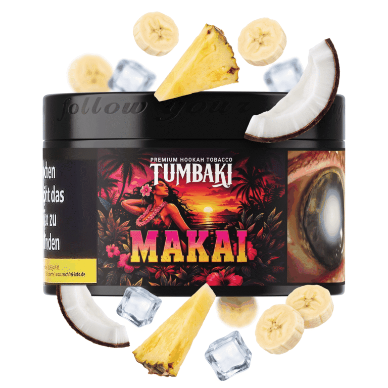 Tumbaki Makai 200g Shisha Tabak mit Banane-Kokos-Ananas-Geschmack – Dose mit schwebenden Bananenscheiben, Kokosstücken, Ananaskeilen und Eiswürfeln