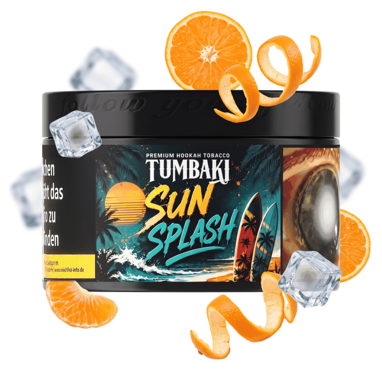 Tumbaki Sun Splash 200g Shisha Tabak mit Mandarinen-Geschmack – Dose mit schwebenden Mandarinenscheiben, Orangenschalen-Spiralen und Eiswürfeln