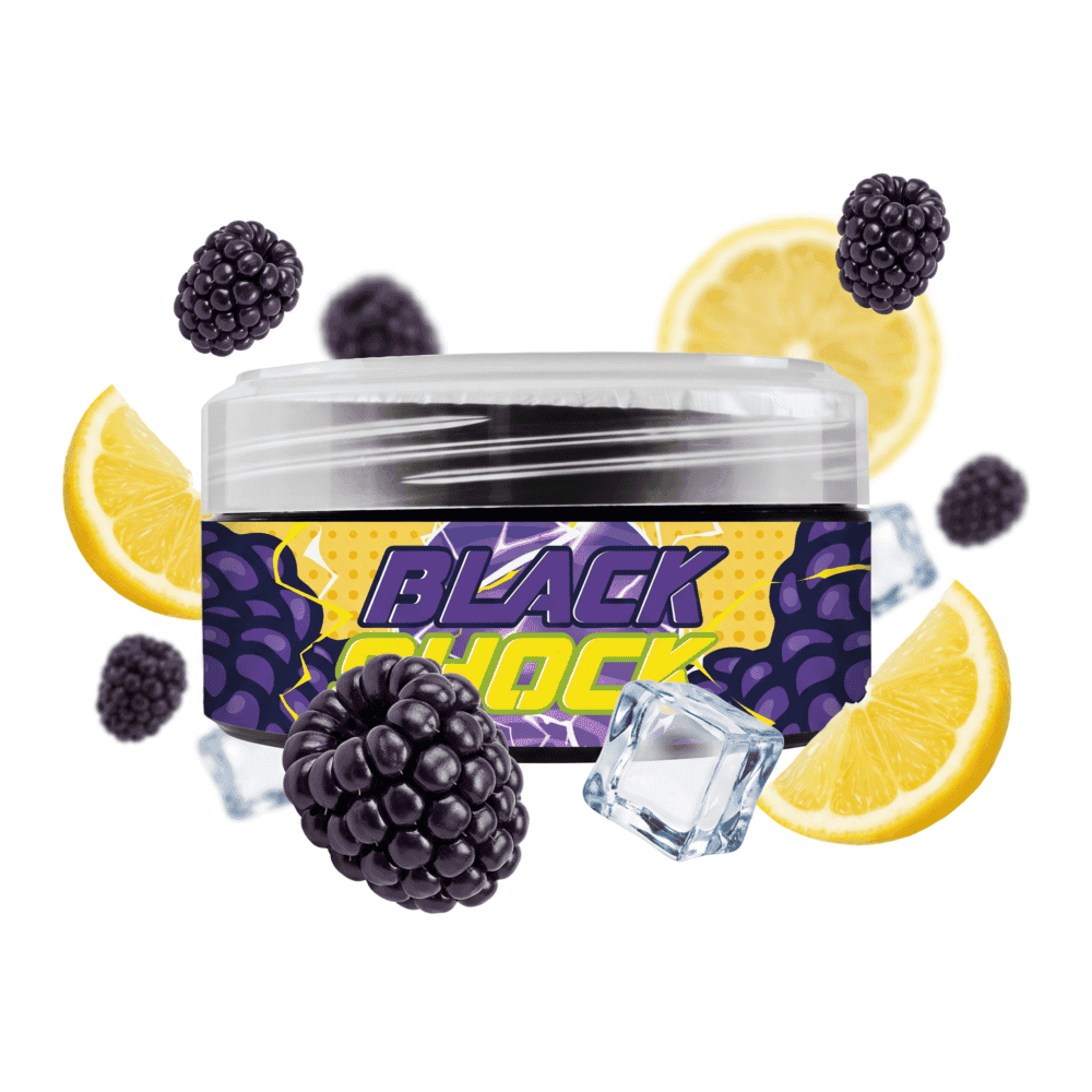Schwarzer Shisha-Tabak mit Beeren- und Zitronengeschmack, umgeben von Beeren, Zitronenscheiben und E.