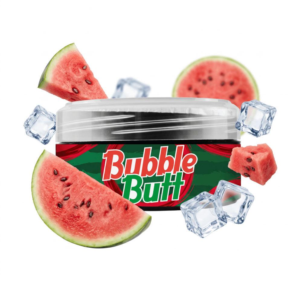 Wasser-Melone Bubble Butt Shisha-Tabak mit Eiswürfeln und Wassermelonenstücken.