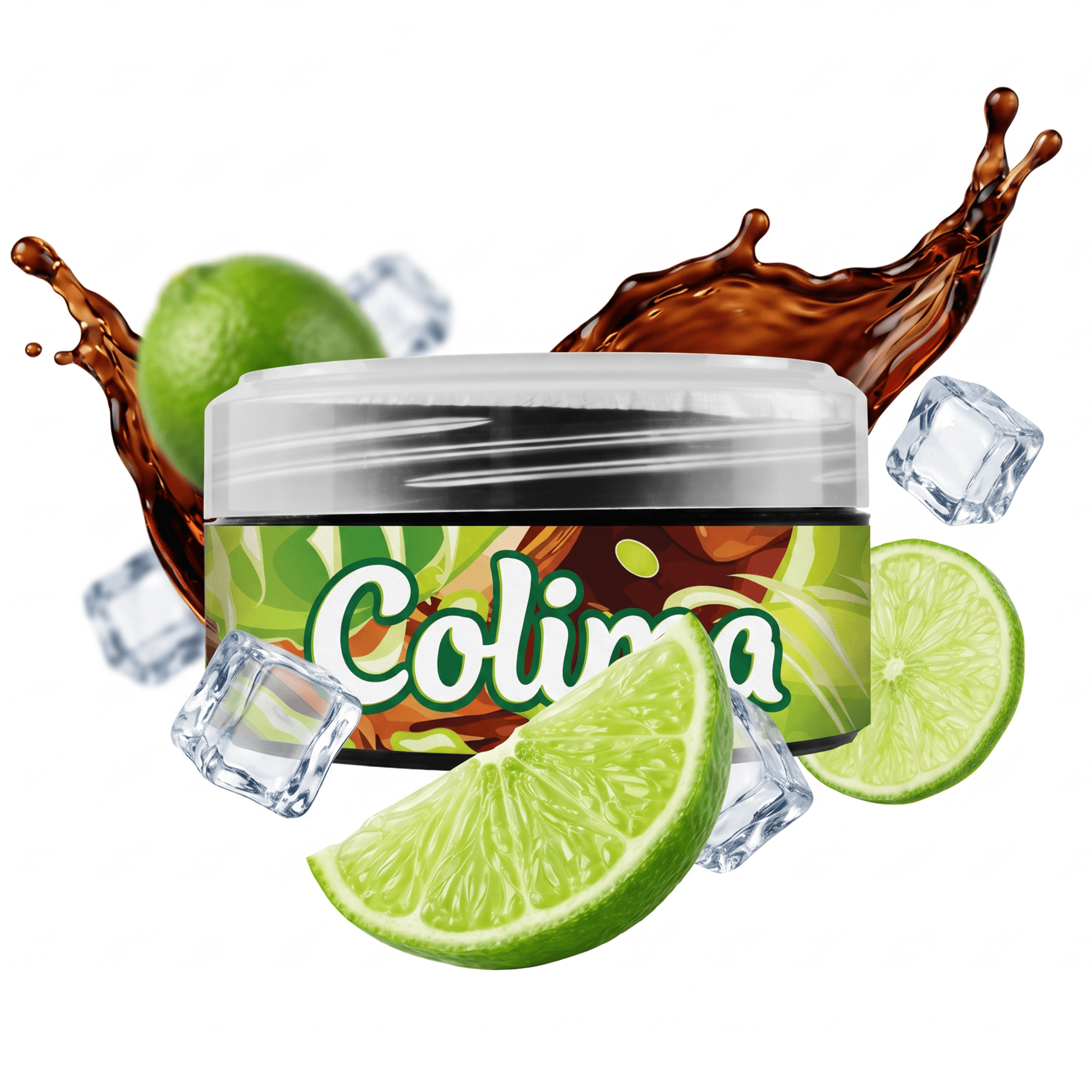 Colima Limette Shisha Tabak mit frischen Limetten und Eiswürfeln.