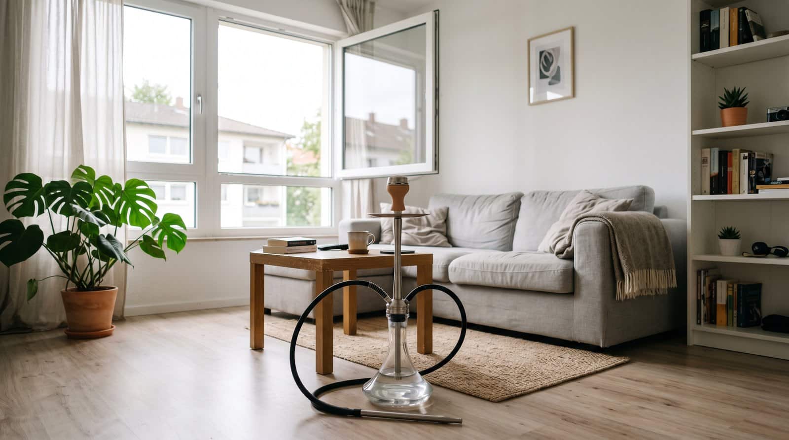 Chicha dans l'appartement et le balcon : Qu'est-ce qui est autorisé ? 1 Belle chicha dans un salon élégant avec canapé et plantes.