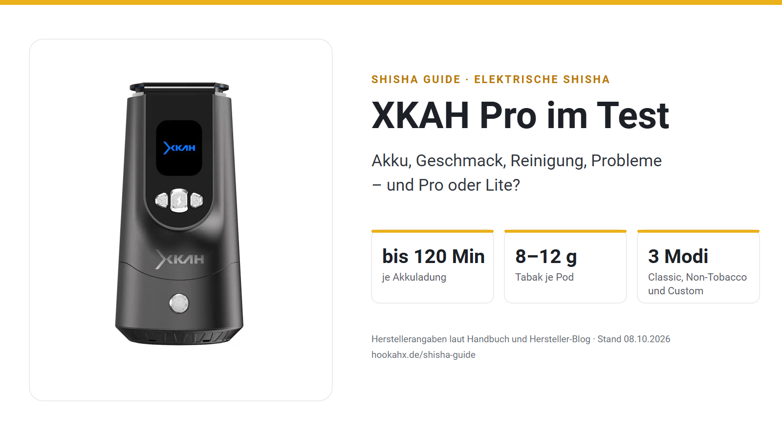 XKAH Pro im Test: elektrischer Shisha-Kopf in Graphit mit Herstellerangaben zu Akkulaufzeit, Füllmenge und Modi