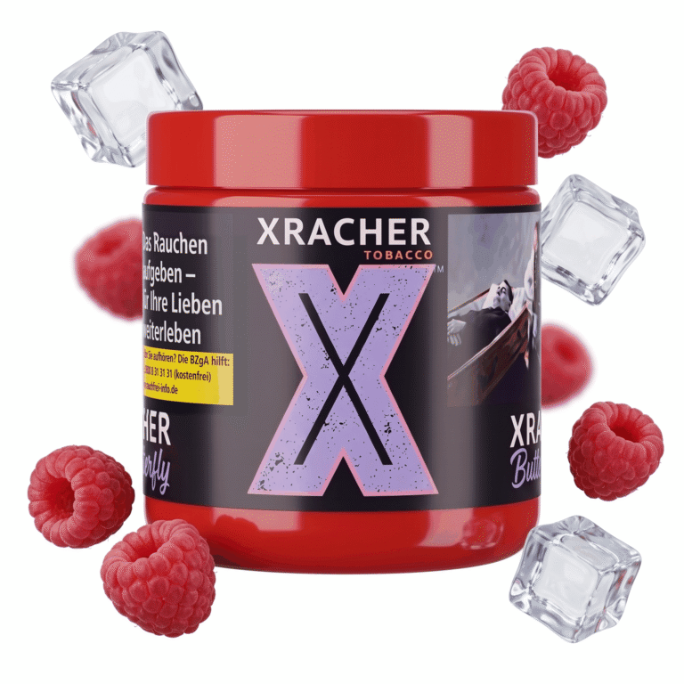 Xracher Butterfly 200g Shisha Tabak mit Himbeere, Ice-Geschmack – Dose mit schwebenden Himbeeren und Eiswürfeln