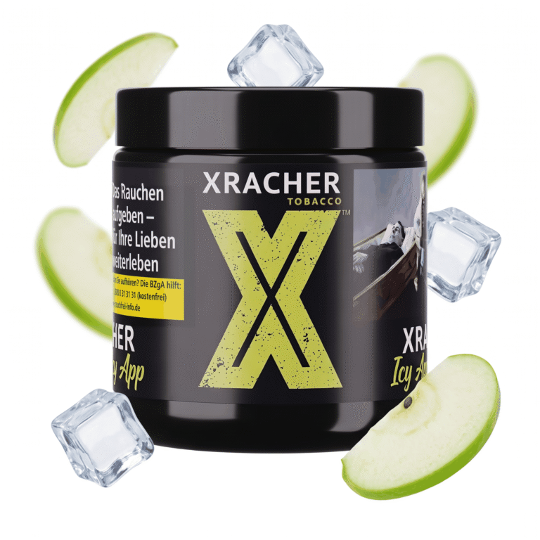 Xracher Icy App 200g Shisha Tabak mit Apfel, Ice-Geschmack – Dose mit schwebenden Apfelscheiben und Eiswürfeln